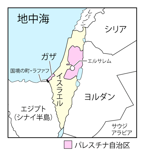 西岸（ウエストバンク）はヨルダン左隣のピンク色の地域。愛媛県とほぼ同じ面積だ。